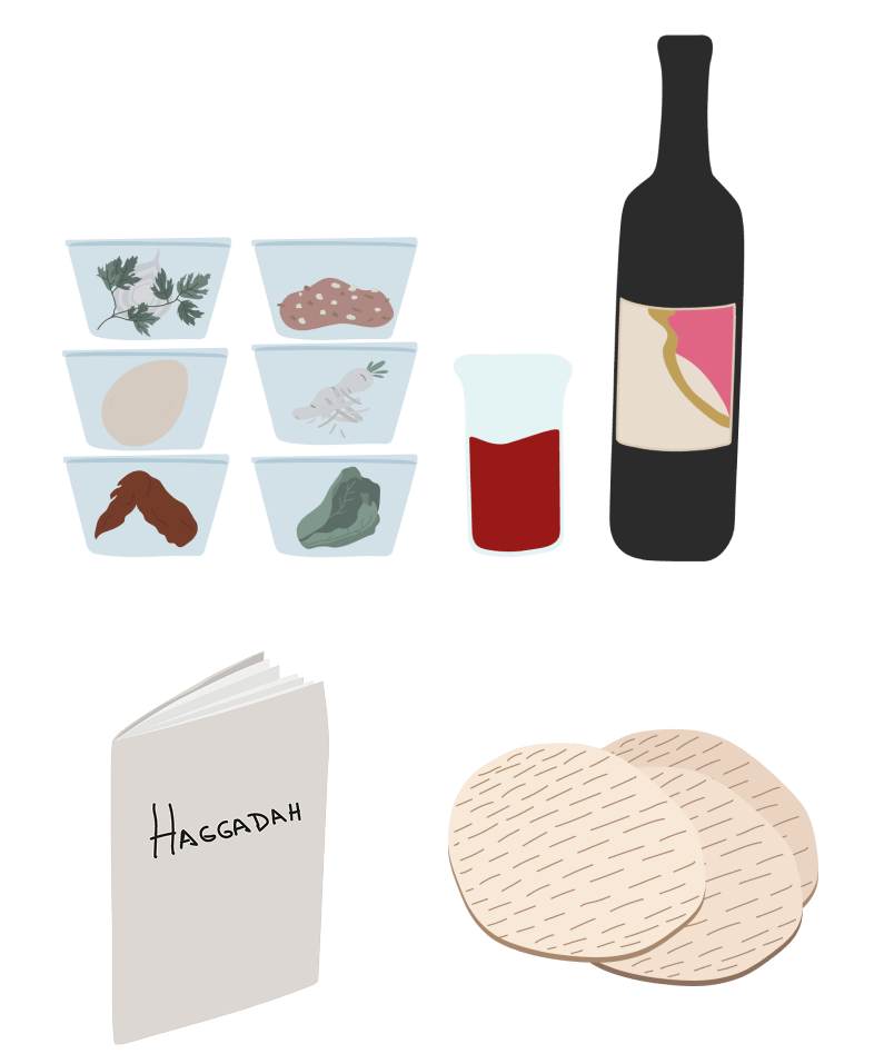 The six special foods, wine, matzah and the Haggadah companion book laid out together