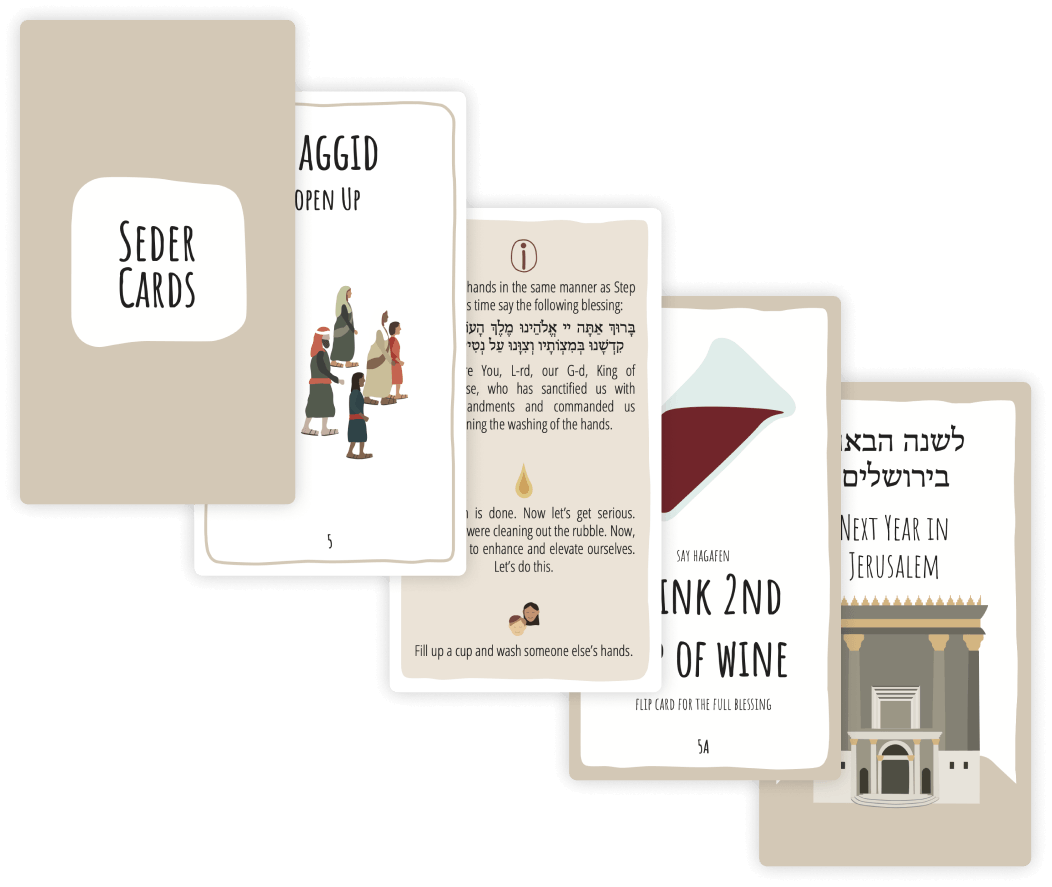 A fanned deck of Seder Cards, each covering one step of the evening