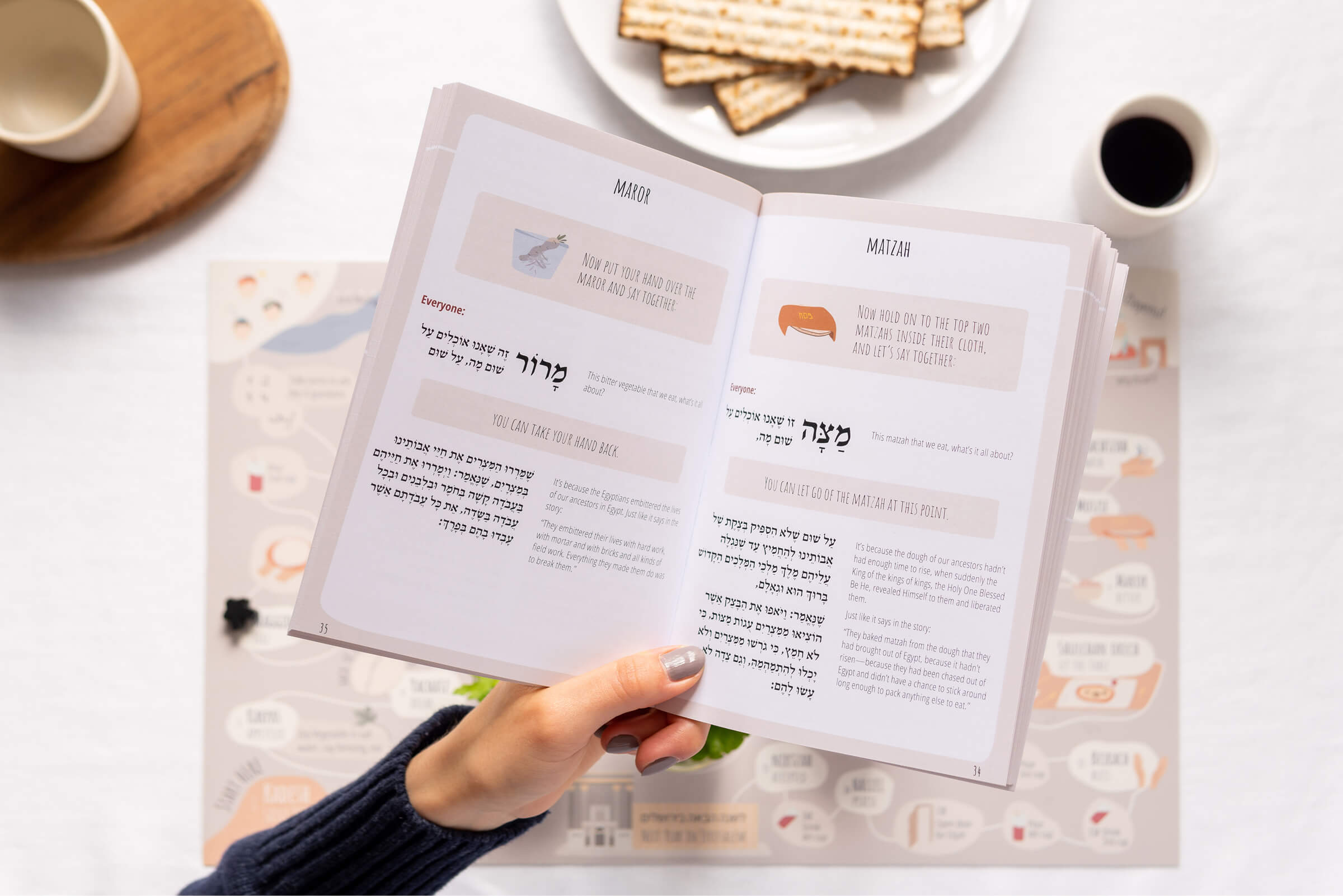 Hands holding the Seder Companion book open to the Maror and Matzah pages