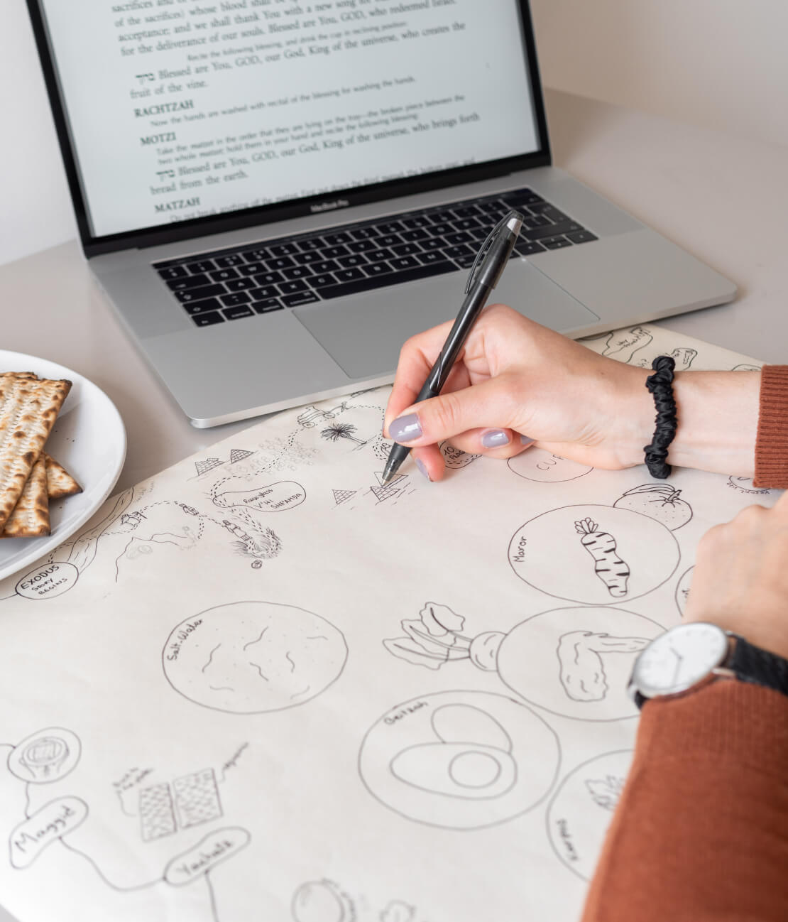 A hand-drawn map of the Passover story and Seder order sketched on a large sheet of paper, with a laptop and plate of matzah nearby