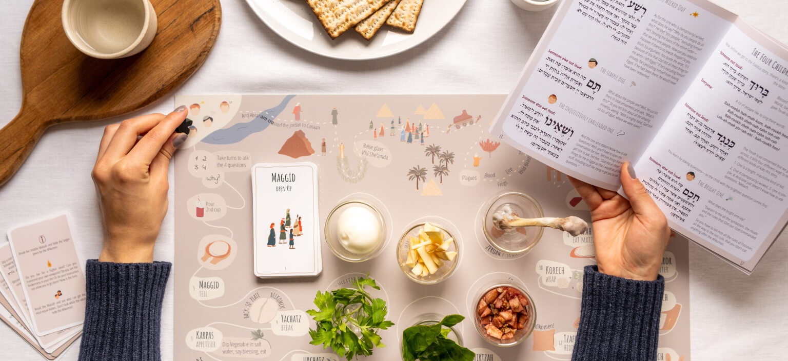 Hands holding a Haggadah companion book open beside a Seder placemat, plate of matzah and cup of wine