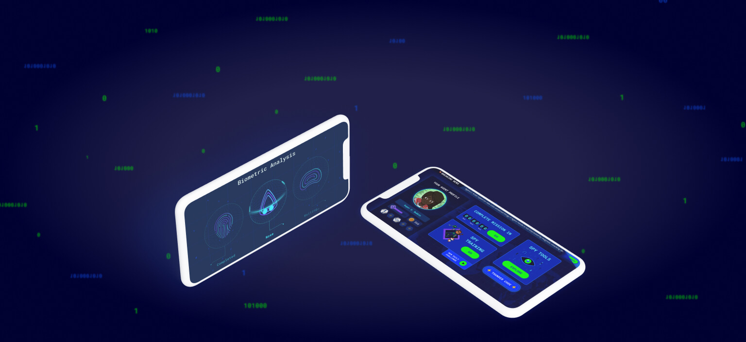 Two phone mockups showing the CSA Mobile biometric log in and home screens, next to the Children's Spy Agency logo