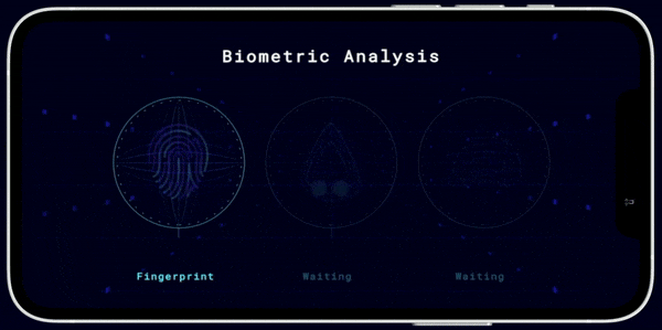 Biometric Analysis screen, scanning a fingerprint while nose and face scans wait their turn