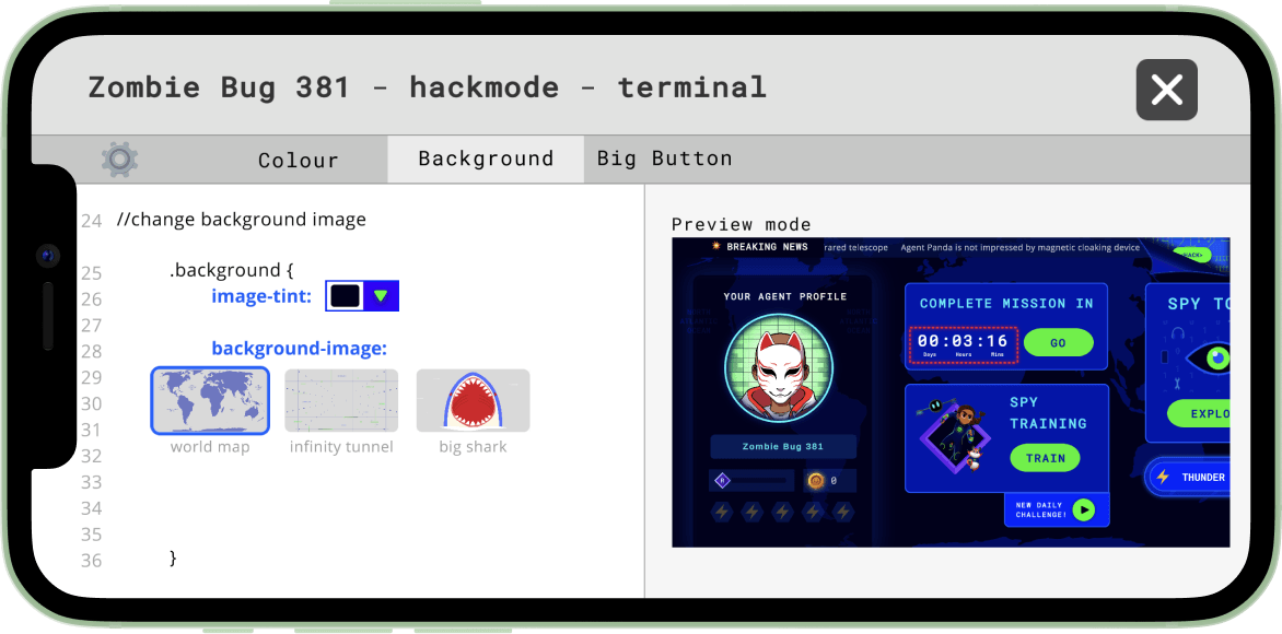 Hackmode terminal, Background tab, choosing a background image for a custom app skin