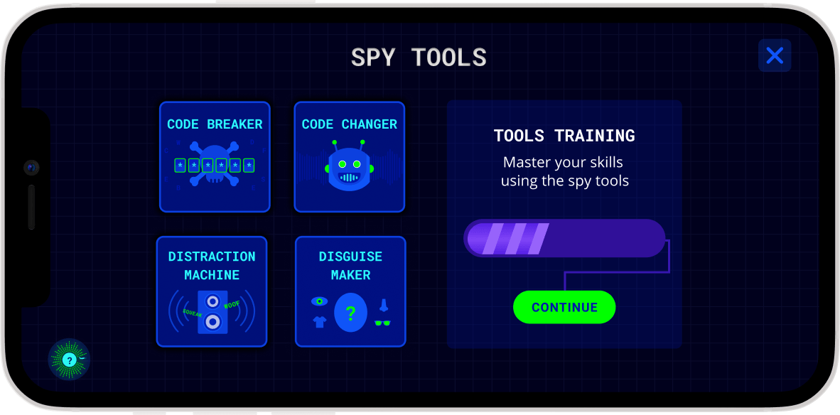 Spy Tools screen, listing the Code Breaker, Code Changer, Distraction Machine and Disguise Maker