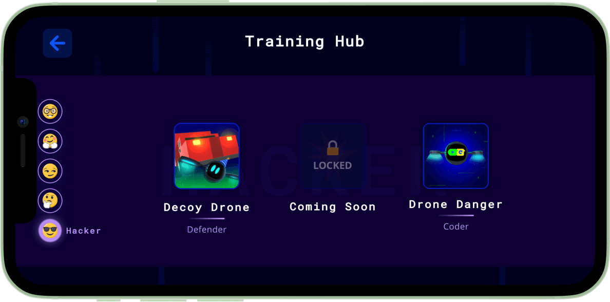 Training Hub screen, listing playable missions including Decoy Drone and Drone Danger