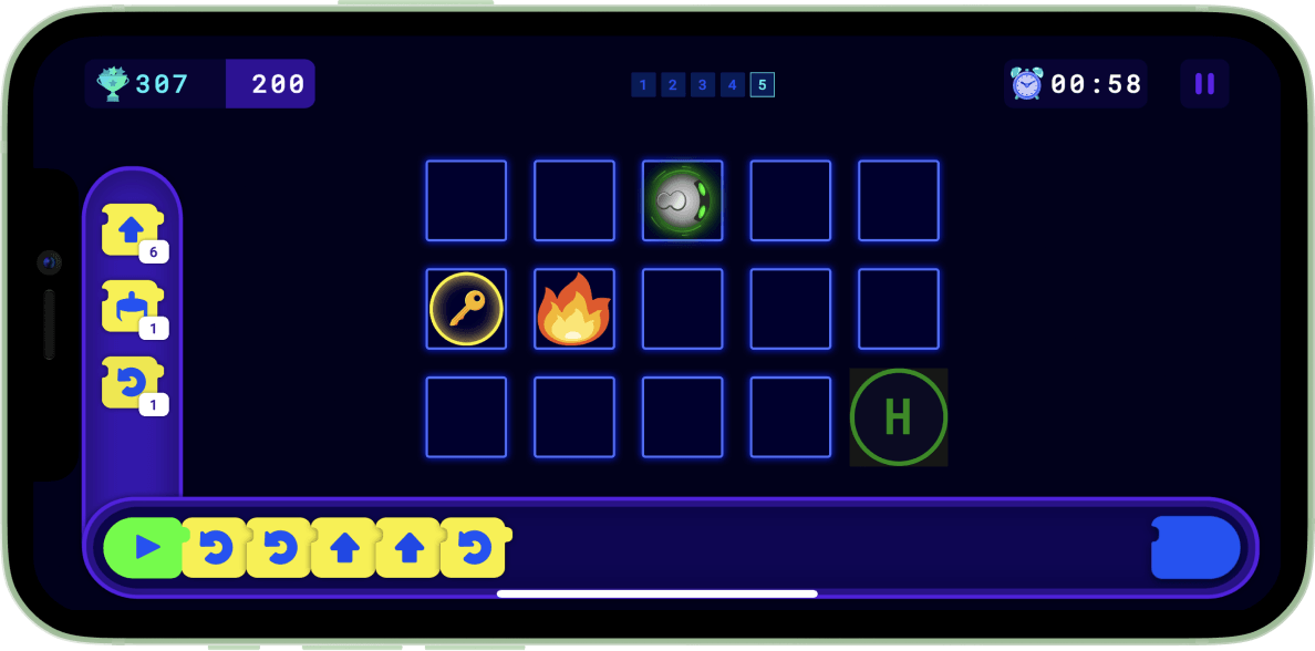 A timed grid puzzle mission screen, with a key, a fire hazard and a hidden exit to find