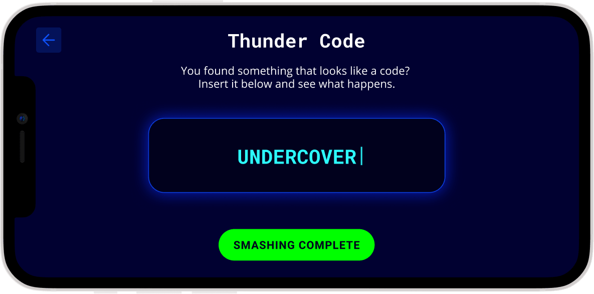 Thunder Code screen, prompting the agent to enter a code they found, reading Undercover