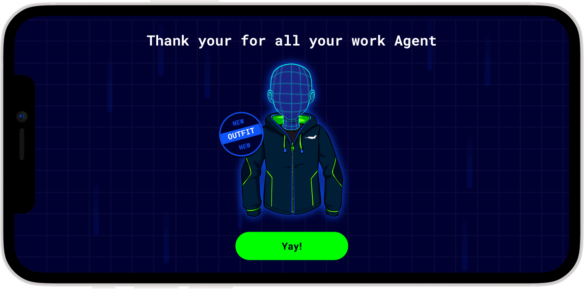 A thank you screen rewarding the agent with a new outfit for their avatar