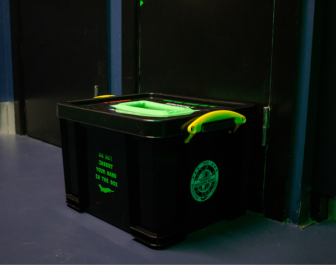The sensory box in full, marked Do Not Insert Your Hand In The Box