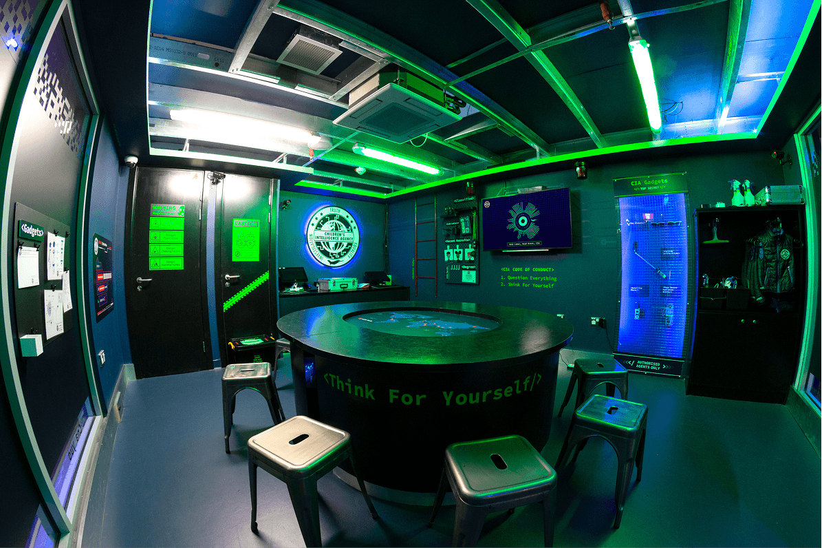 Wide interior view of the room, showing the round table, stools and gadgets locker