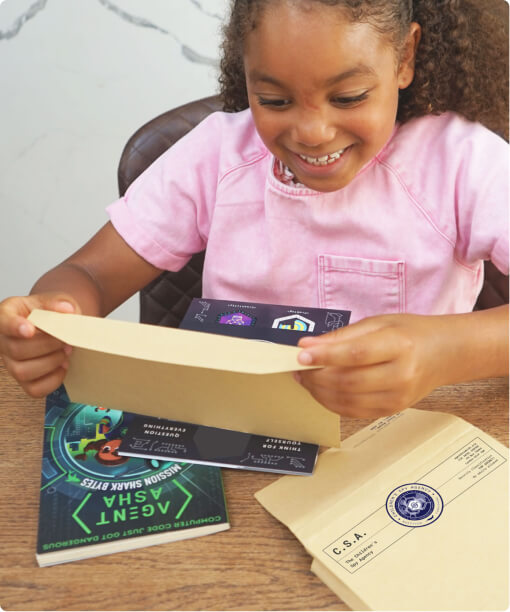 A child opening the CSA envelope, the Agent Asha storybook resting on the table beside them