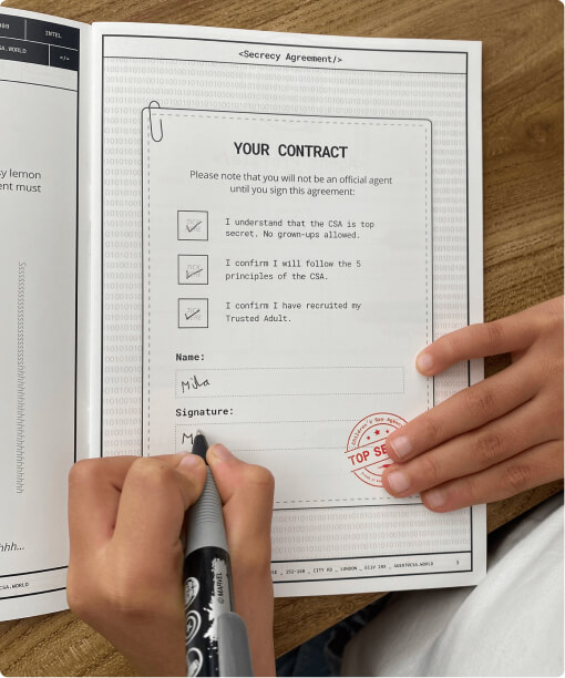 A child signing their secrecy agreement contract inside the agent handbook