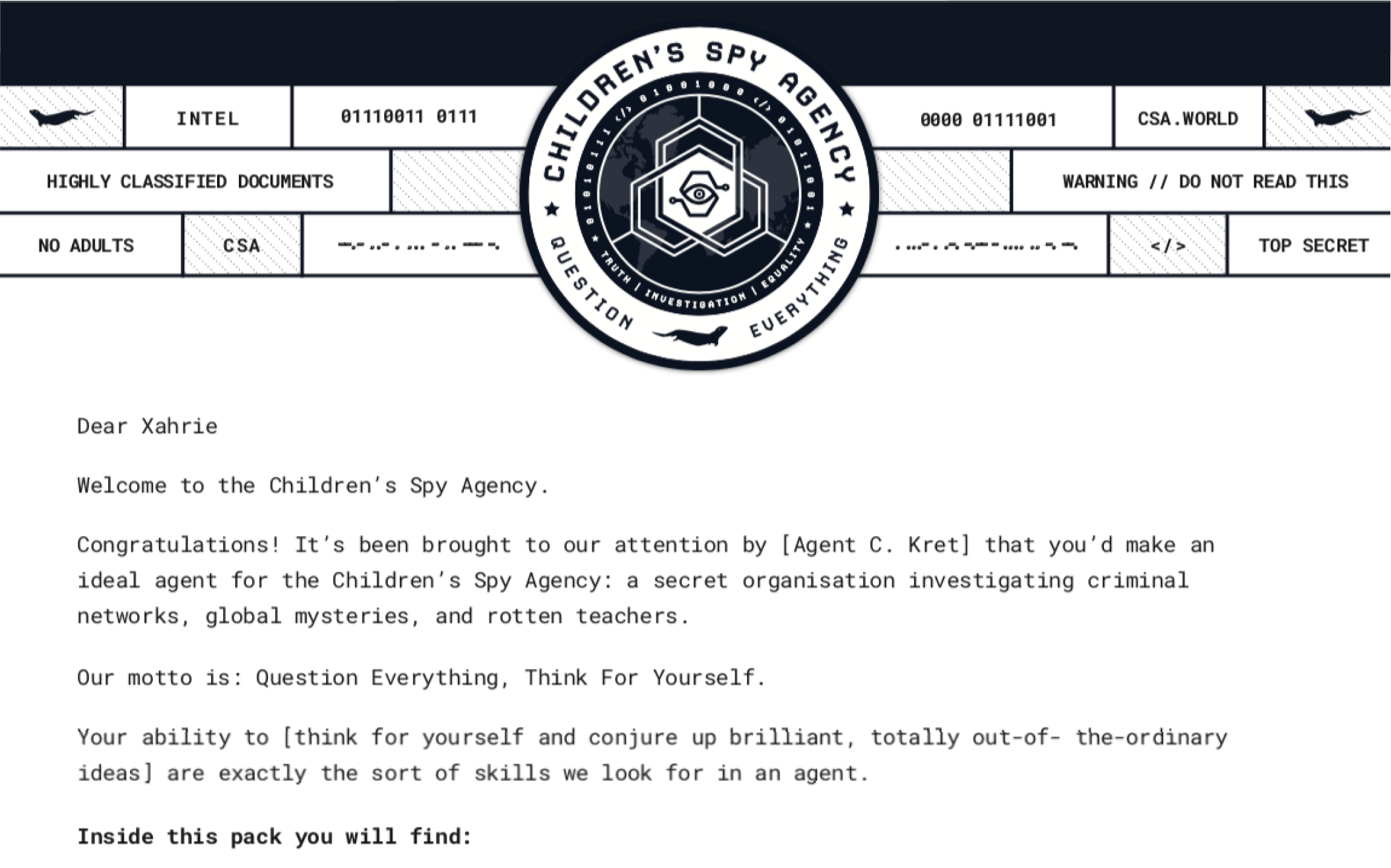 Close-up of the CSA welcome letter addressed to a new agent, introducing the Children's Spy Agency and what's inside the pack