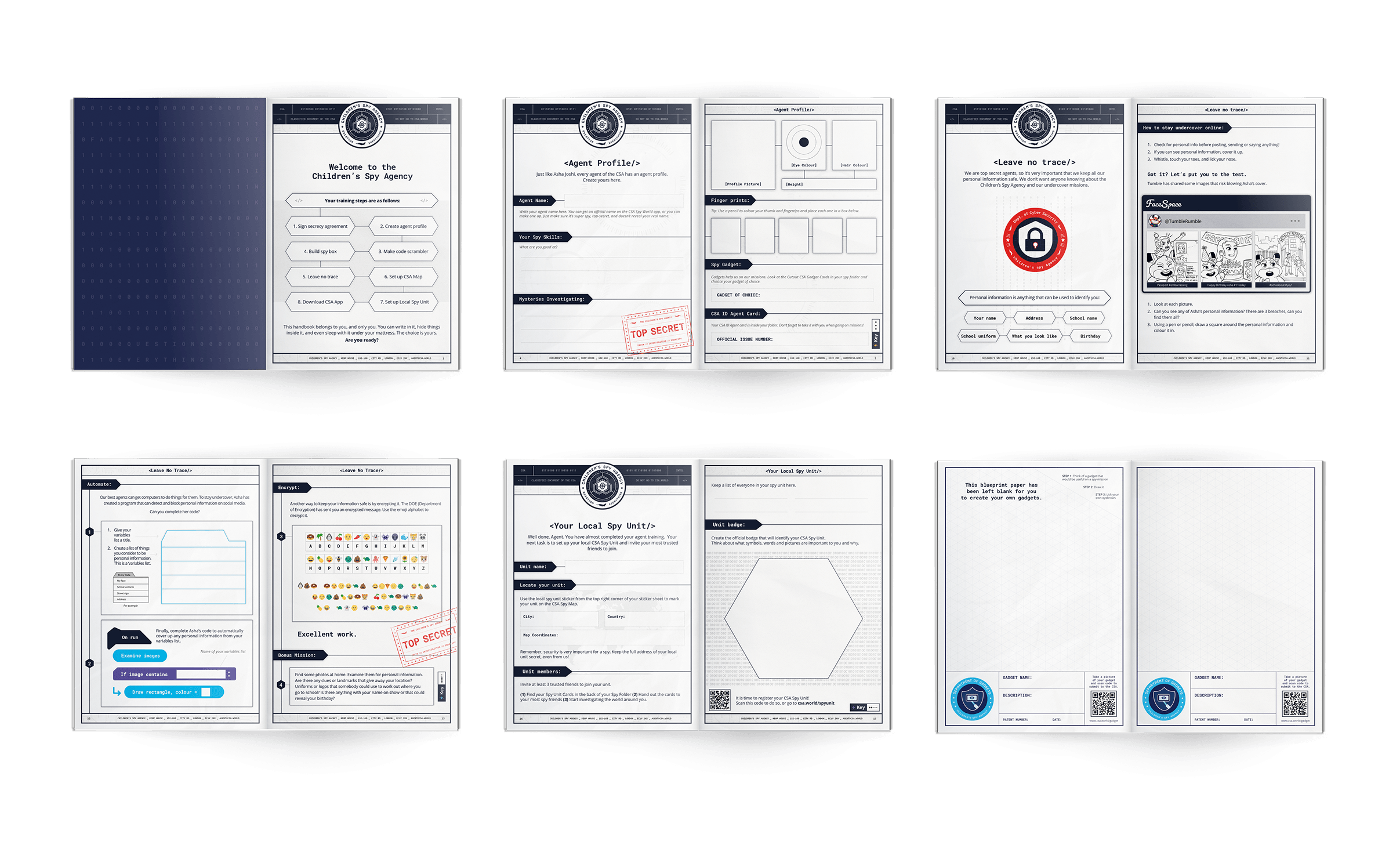 Six spreads from the CSA training manual: the welcome page, an agent profile to fill in, staying safe online, automating and encrypting personal information, and setting up a local spy unit