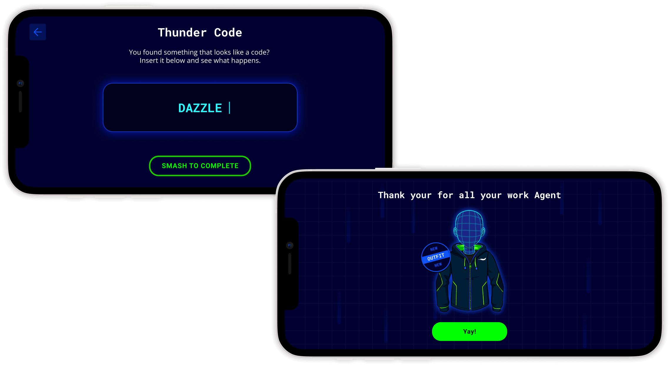 The CSA Mobile app's Thunder Code screen with the Dazzle code entered, followed by a thank you screen rewarding the agent with a new outfit