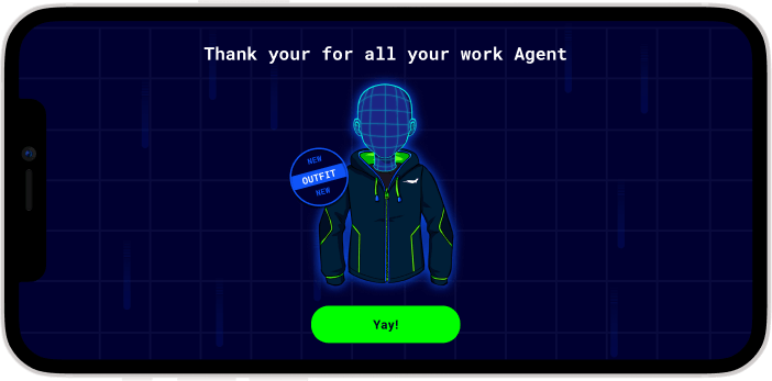 The CSA Mobile app's thank you screen, rewarding the agent with a new outfit