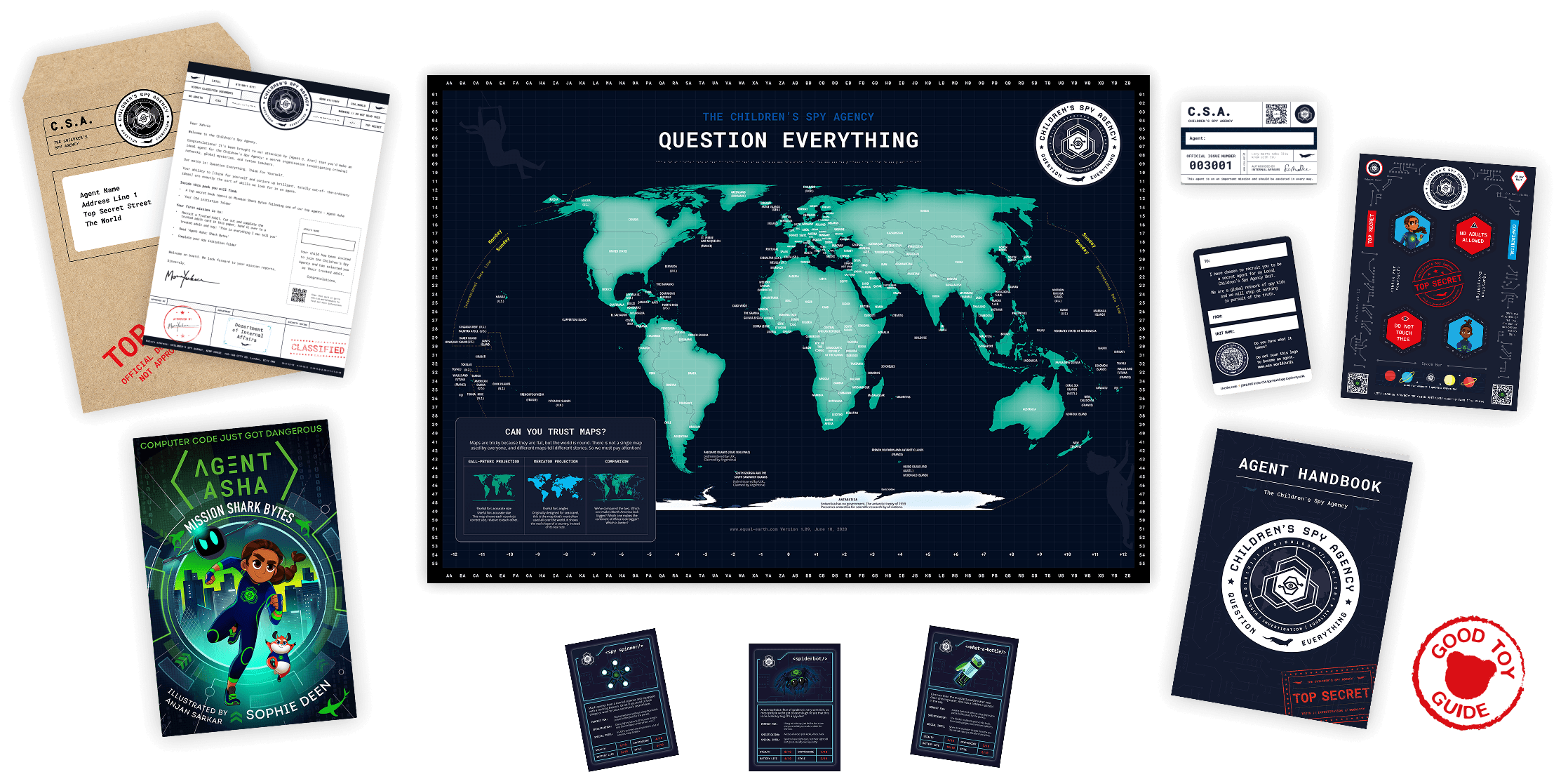 Flat lay of the Starter Spy Pack contents: welcome letter, agent ID card, world map poster, the Agent Asha book, agent handbook and spy gadget cards