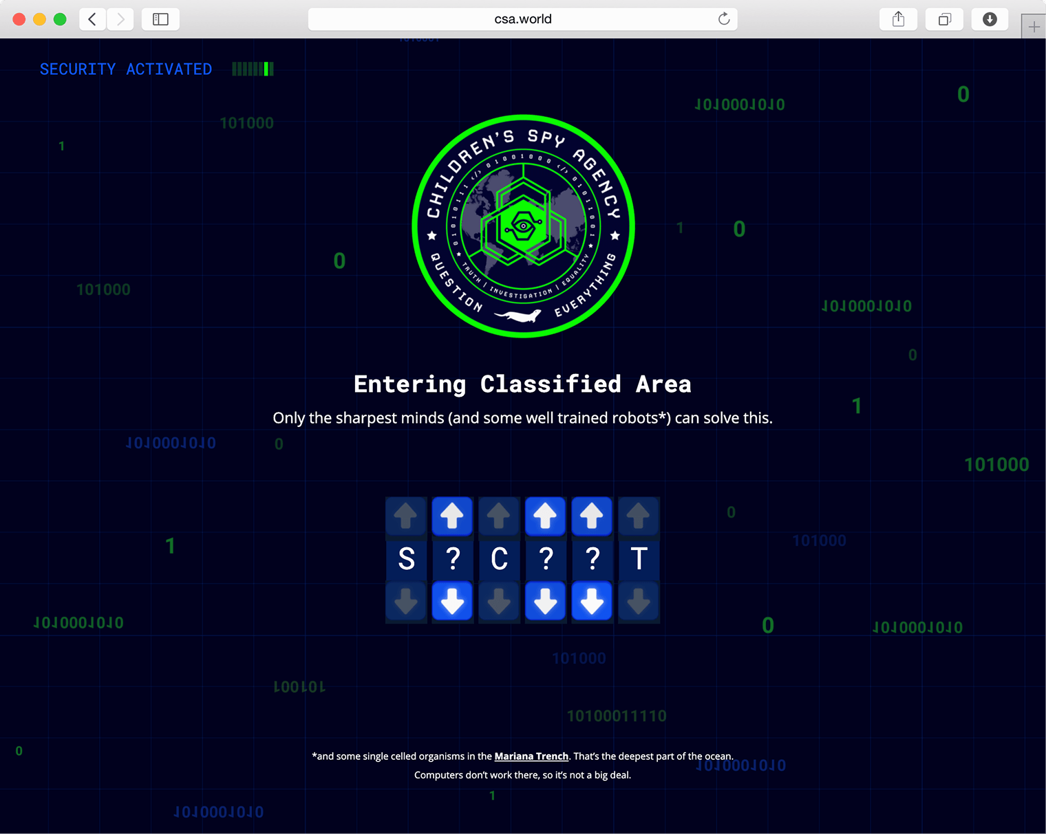 Entering Classified Area checkpoint screen, a letter-scrambler puzzle spelling out a secret word