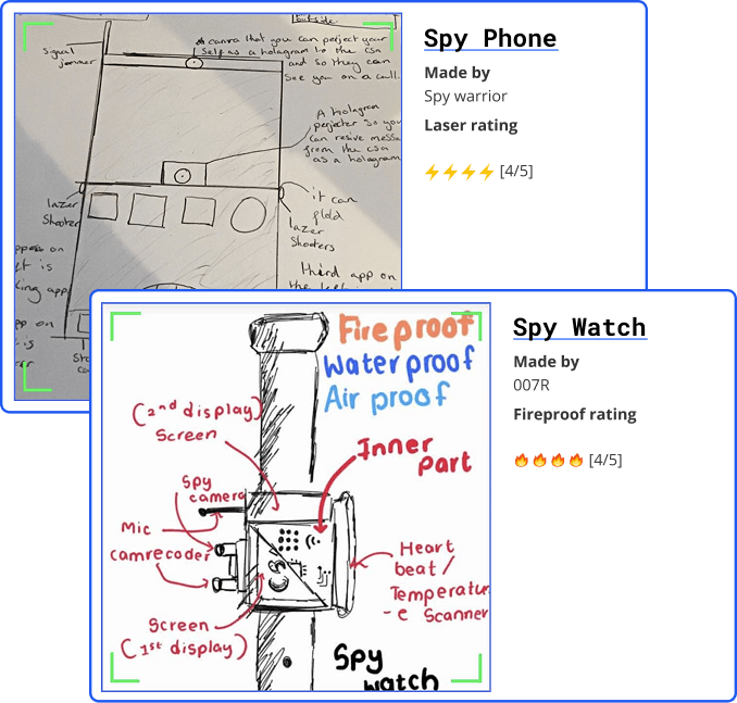 Department of Weapons screen showing Spy Phone and Spy Watch gadget cards