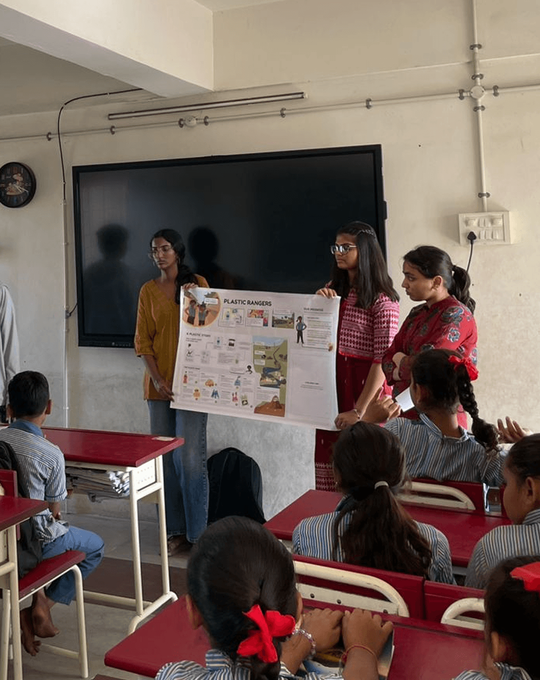 Students testing the Green Rangers material in a classroom in India