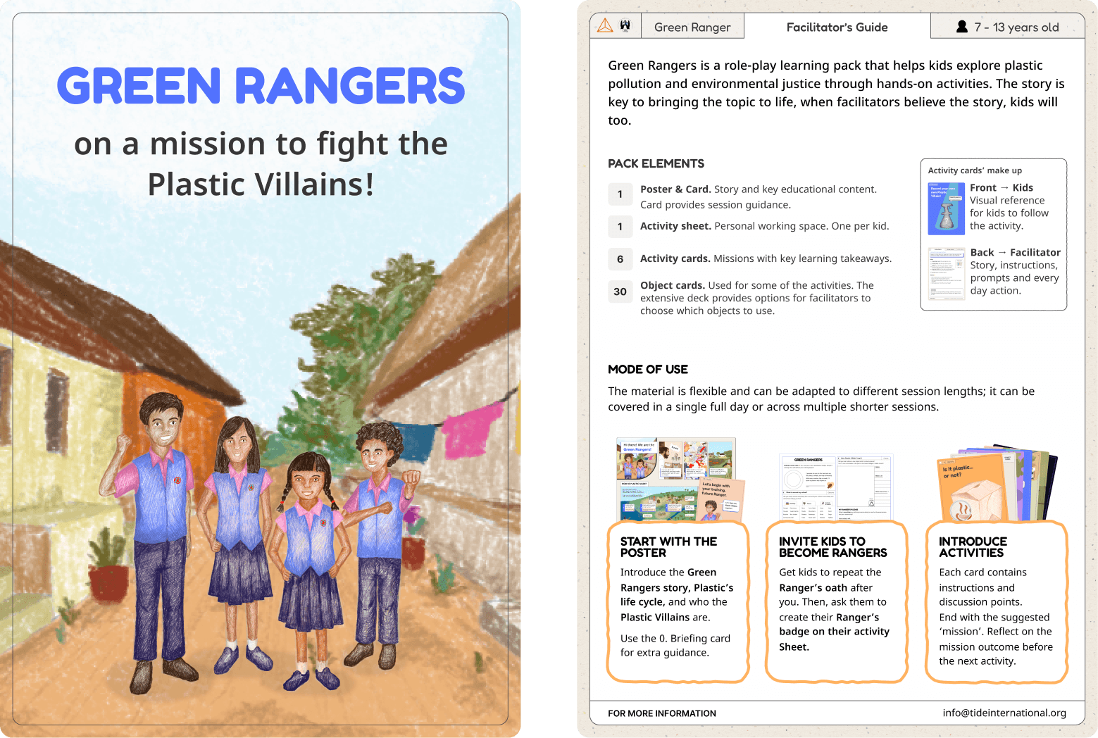 Green Rangers pack cover illustration, and the facilitator's guide page explaining the pack elements and mode of use