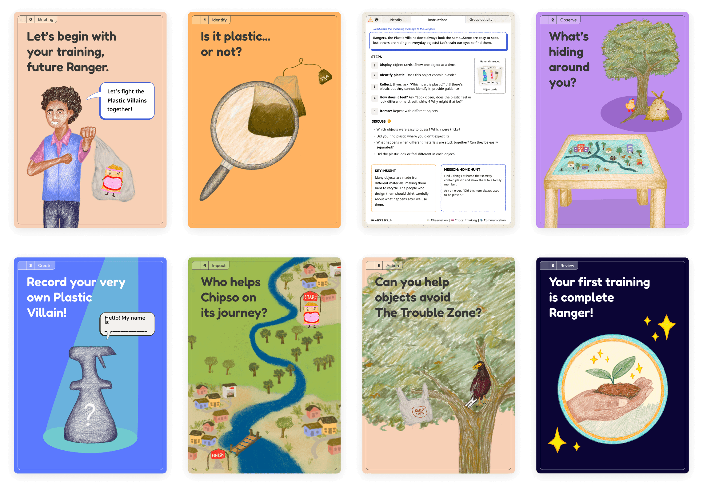 The 8 Green Rangers activity cards, covering briefing, identification, observation, creation, impact, action and review missions
