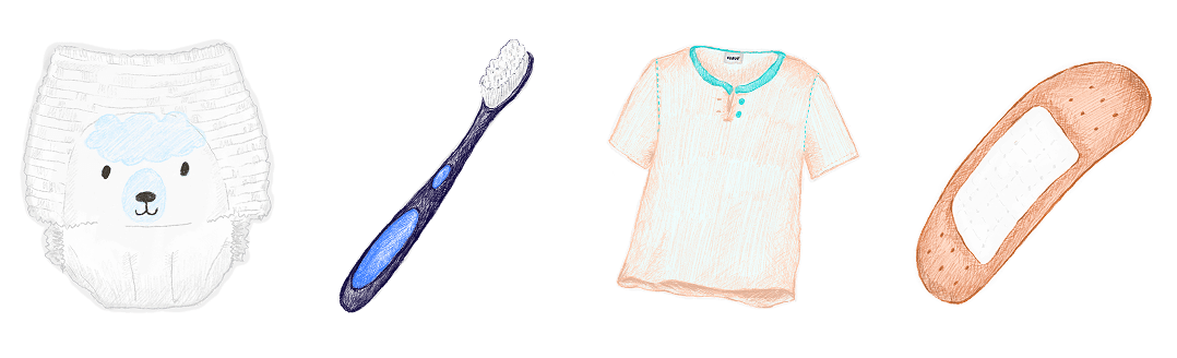 4 everyday object icons: a nappy, a toothbrush, a t-shirt and a plaster