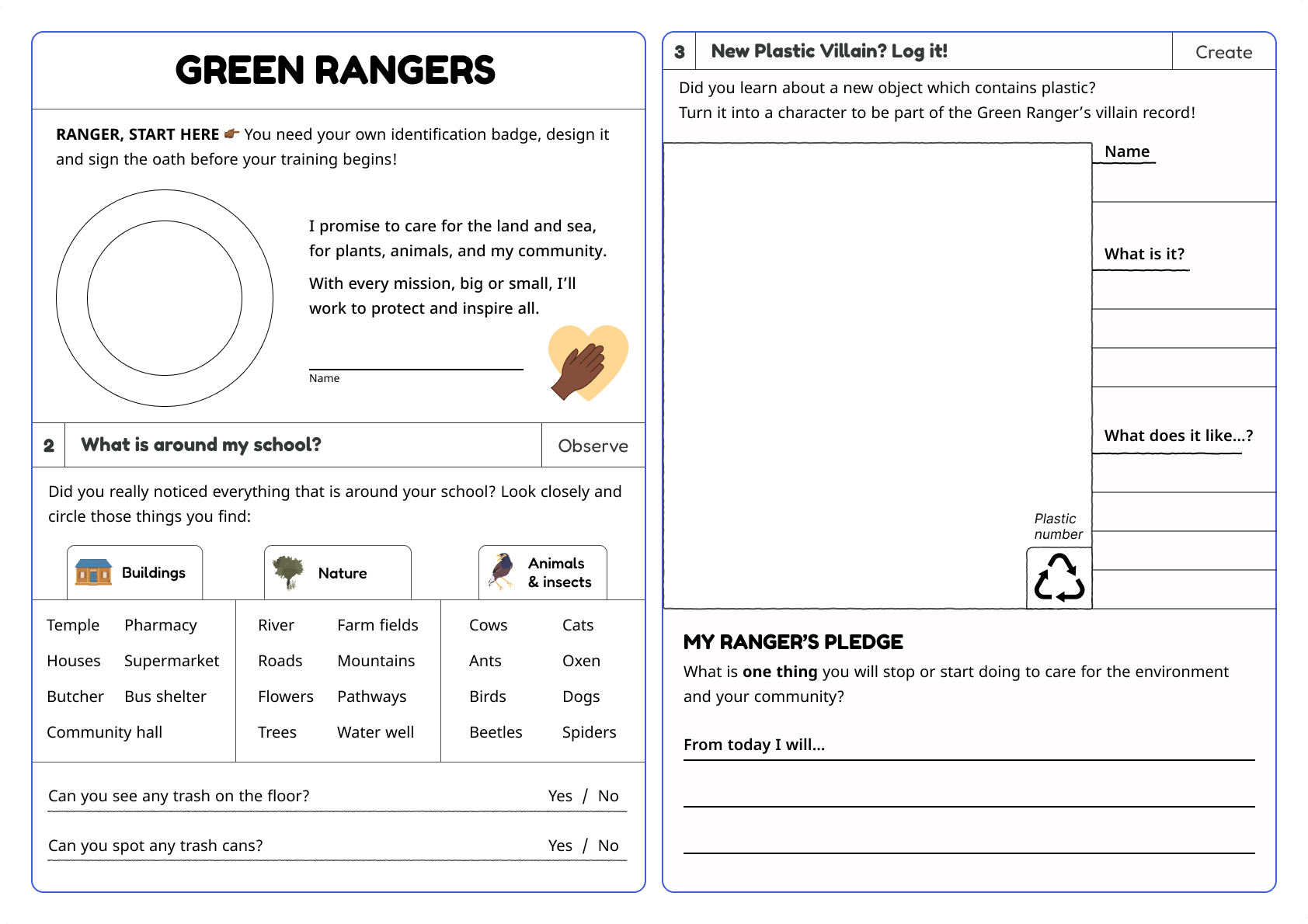 Ranger activity sheet with an identification badge and school checklist, and the New Plastic Villain worksheet