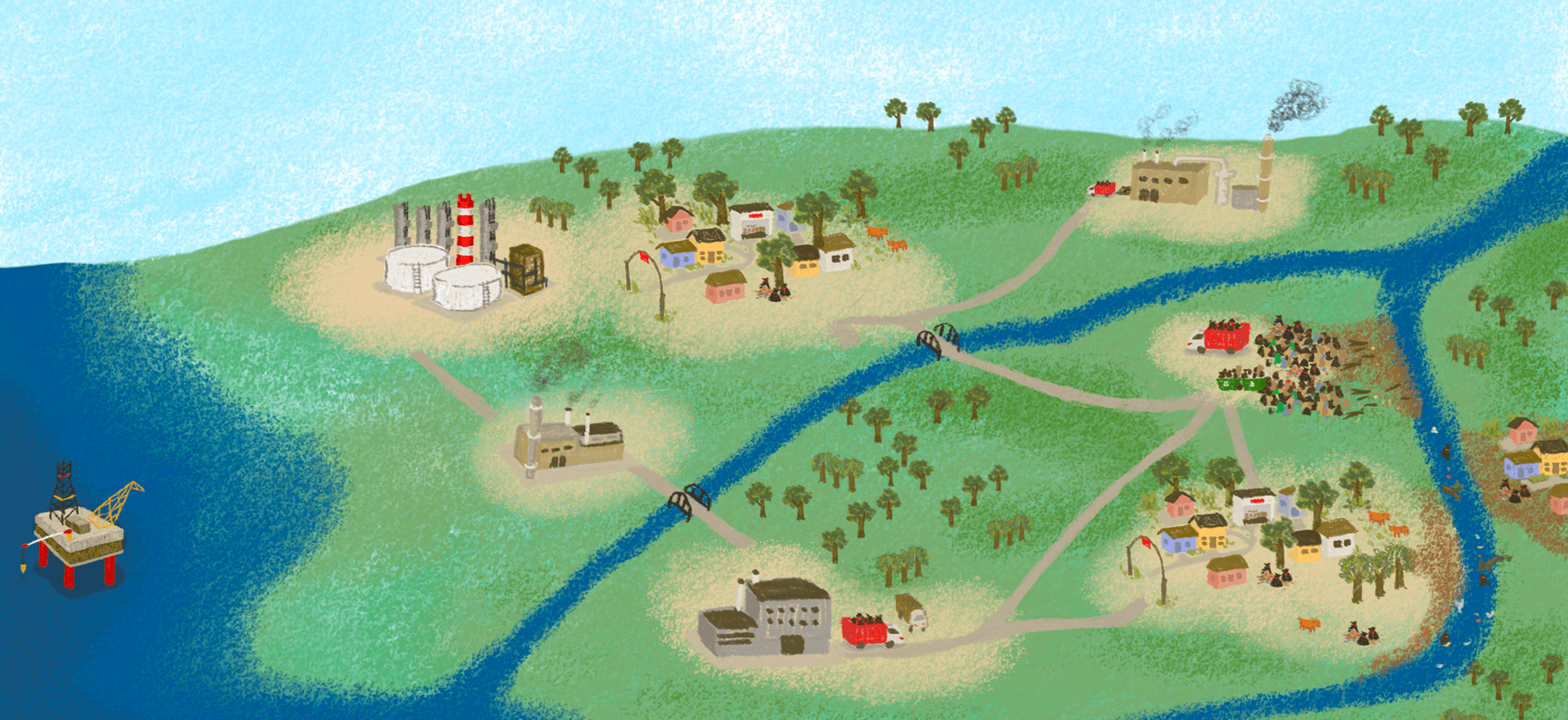 Illustrated map showing how plastic travels from oil rig to factory to town and into the Trouble Zone