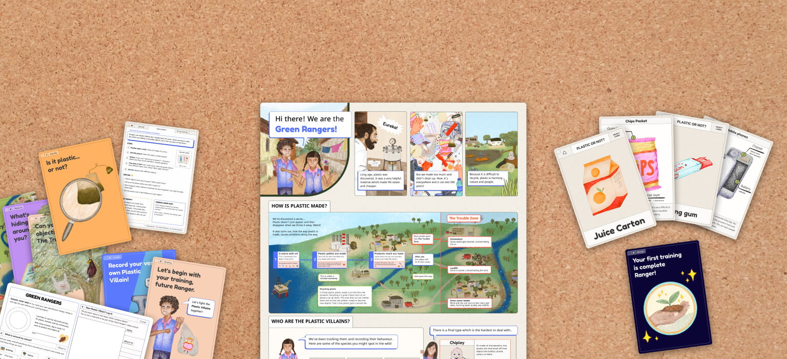 A corkboard displaying the full Green Rangers material set: posters, activity cards and object cards