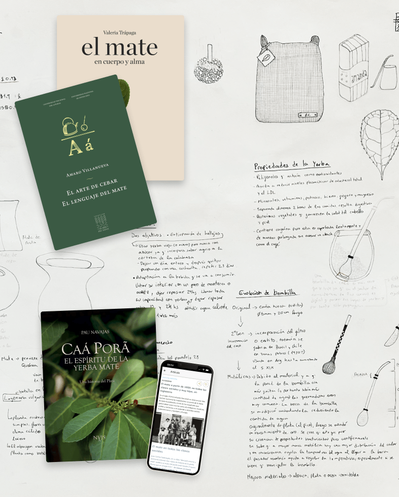 Reference books on yerba mate history, next to hand-drawn research notes and sketches