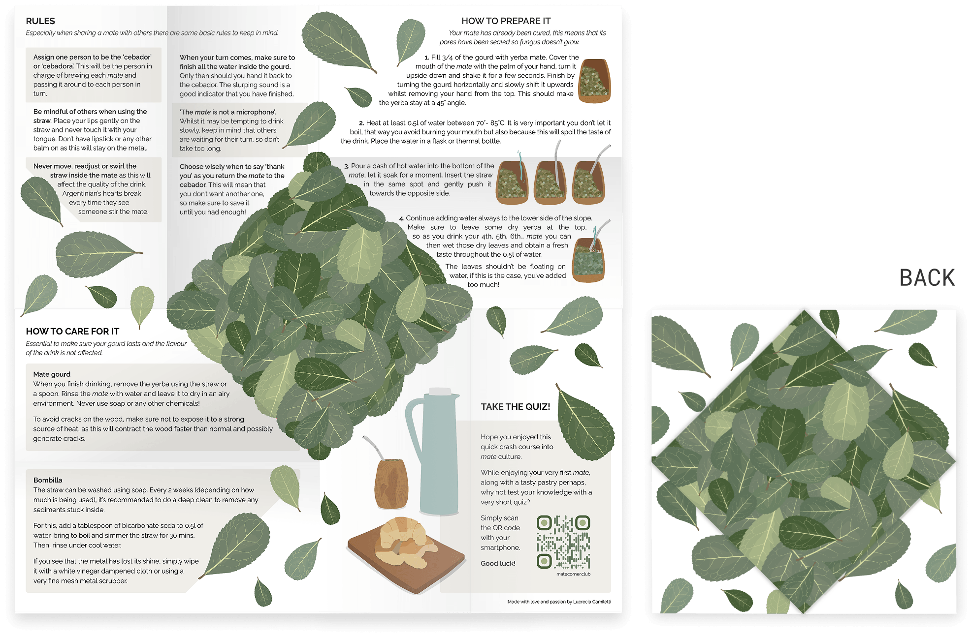 The leaflet's back, covering mate rules, preparation steps and care instructions