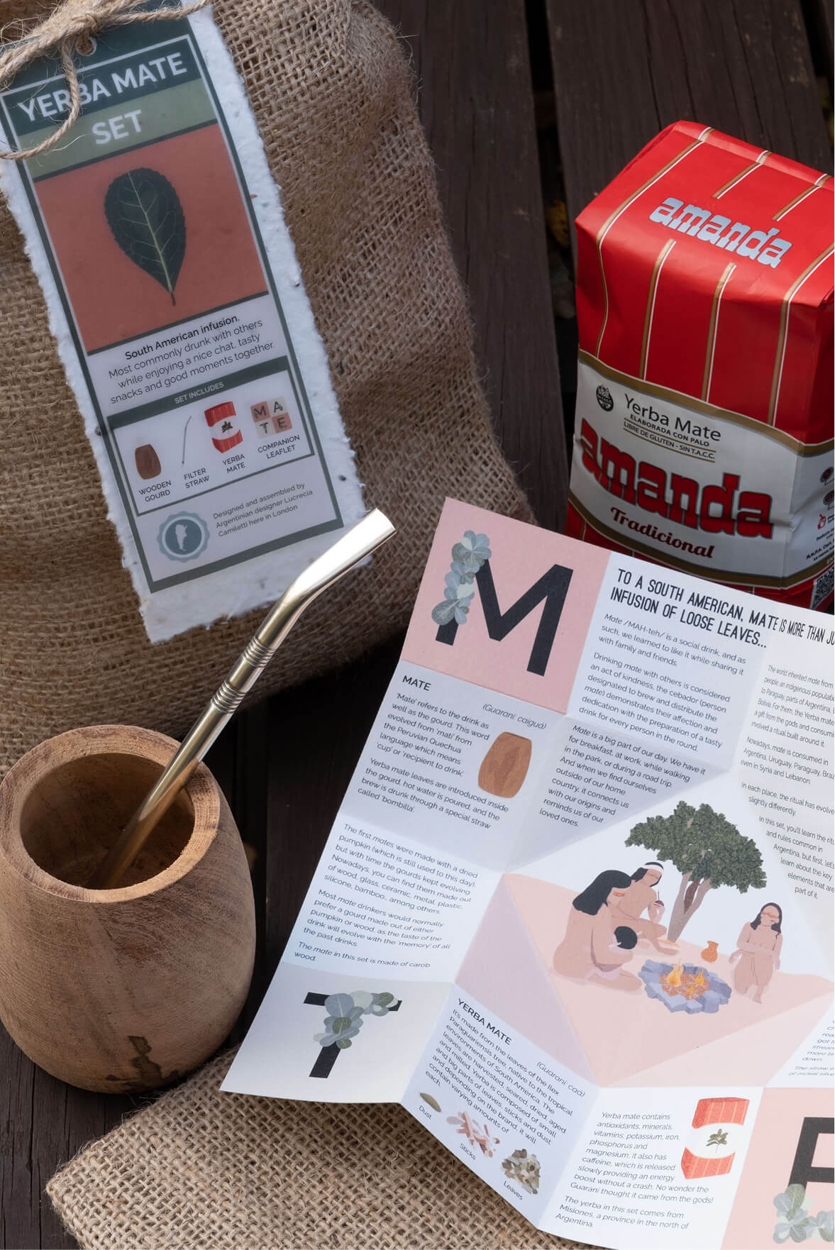 Close-up of the packaging tag and a pack of yerba mate