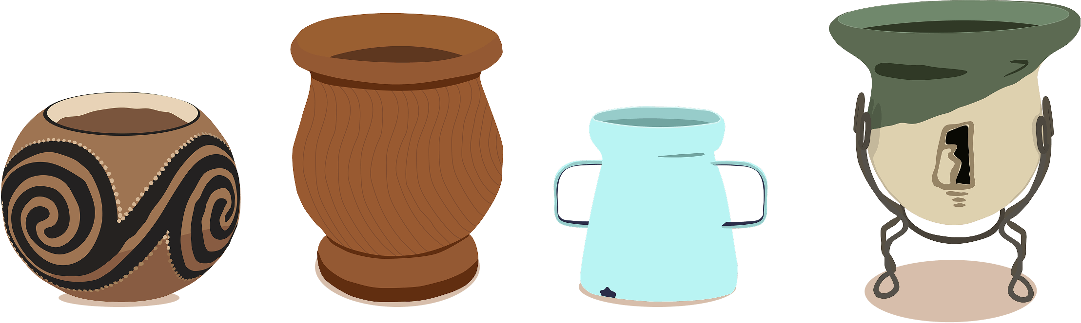 4 illustrated mate gourd styles side by side: a painted clay gourd, a carved wooden gourd, a ceramic gourd and a metal gourd with a stand