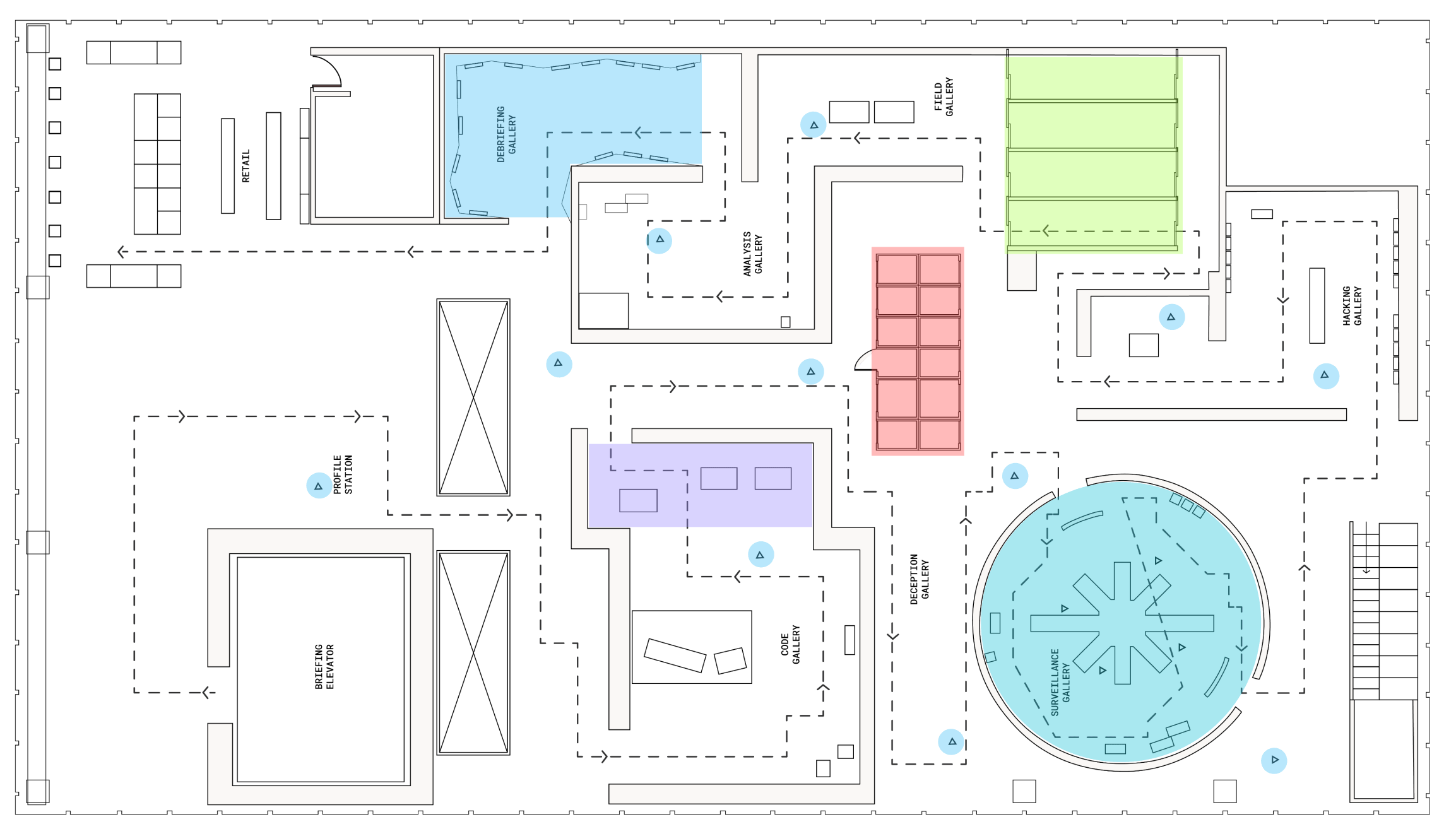 SPYSCAPE museum floor plan, showing the layout of each themed zone