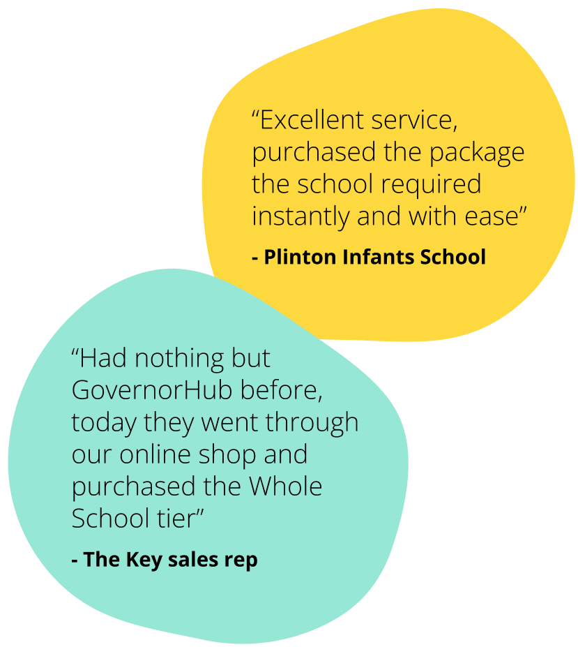 Two customer testimonials: one from Plinton Infants School, one from a member of The Key's sales team