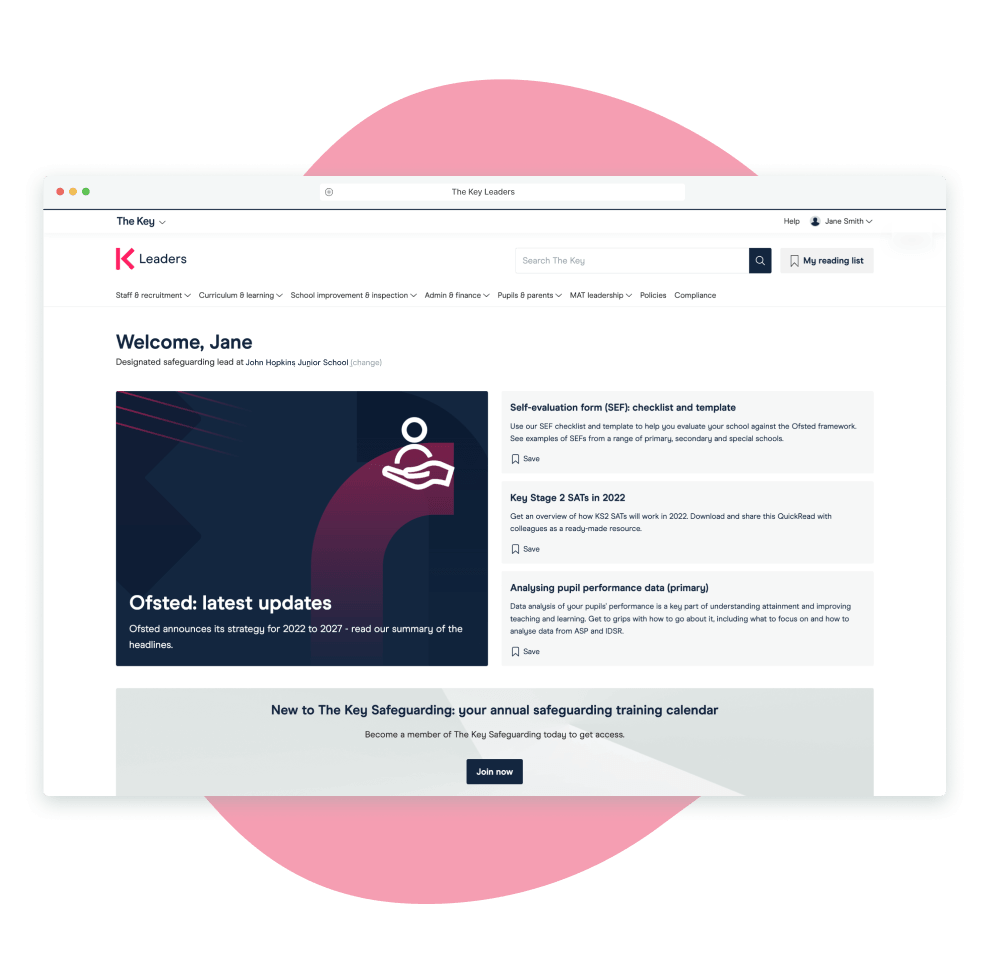 The Key Leaders personalised member dashboard, showing saved resources for a signed in user