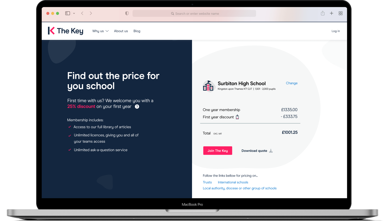 The Key pricing page on a laptop, showing a school's membership quote