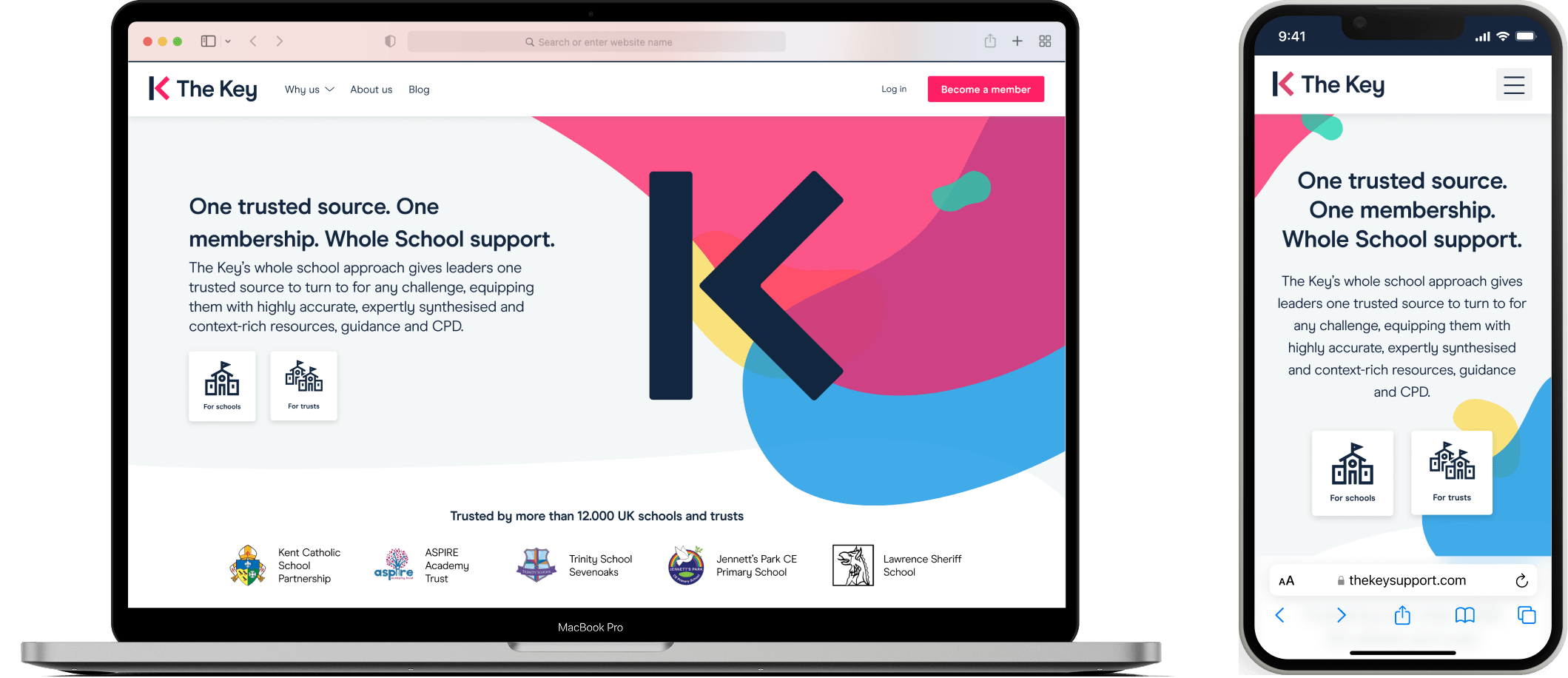 The Key marketing website homepage shown on both laptop and phone